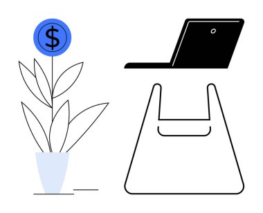 Tüm nesneler arasında bir dizüstü bilgisayar, bir alışveriş çantası ve ticari büyümeyi temsil eden dolar işaretli bir bitki var. Çevrimiçi alışveriş, dijital iş, e-ticaret, ekonomik istikrar ve mali istikrar için ideal