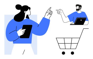 Bir dizüstü bilgisayar ve tabletle alışveriş arabasının yanında tartışan iki kişi. E-ticaret, çevrimiçi alışveriş, takım çalışması, dijital iletişim, internet uygulamaları, mobil teknoloji, kullanıcı deneyimi için ideal