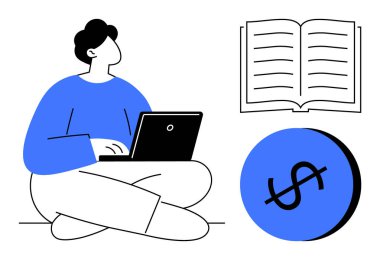 Bacak bacak üstüne atmış, açık kitap, mavi daire şeklinde dolar işareti olan dizüstü bilgisayar kullanan biri. Çevrimiçi öğrenim, serbest öğrenim, finansal büyüme, eğitim, e-öğrenme, uzak çalışma girişimciliği için ideal