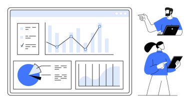 Bir tablet ve dizüstü bilgisayardaki verileri inceleyen iki profesyonel, farklı grafik ve grafikleri gösteren bir ekrana işaret ediyor. Takım çalışması, veri görselleştirme, analiz, işbirliği, dijital için ideal