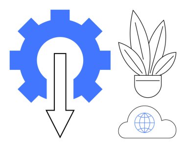 Aşağı ok ile donanım optimizasyon saksı bitkisini sembolize eder. Küre ile büyüme bulutu küresel bağlantıyı simgeler. Teknoloji, üretkenlik, sürdürülebilirlik, büyüme ve verimlilik için ideal