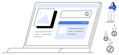 Dizüstü bilgisayardaki dijital arayüz, kullanıcı gözlemi, bozuk paralar. Çevrimiçi iş, e-ticaret, gelir, dijital pazarlama, web tasarım teknolojisi kullanıcı etkileşimi için idealdir. Soyut satır düzlüğü