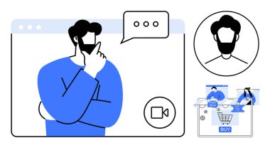 Video görüşmesi sırasında düşünen adam, konuşma balonu, profil ikonu ve alışveriş arabası sembolleri. Dijital iletişim için ideal, çevrimiçi alışveriş, teknik dersler, sanal toplantılar, müşteri