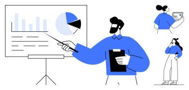 Ekip üyeleri dizüstü bilgisayardaki verileri analiz ediyor, kavrayışları tartışıyor, grafikleri ve grafikleri tahtada sunuyorlar. İş analizi, takım çalışması, veri sunumu, eğitim, strateji oturumları ve pazar için ideal