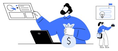 Finansal verileri sunan bir iş adamı, proje planı ve ampulü olan bir kadın. Finansal büyüme, takım çalışması, strateji, yatırım, yenilik, liderlik hedefleri için ideal. Soyut