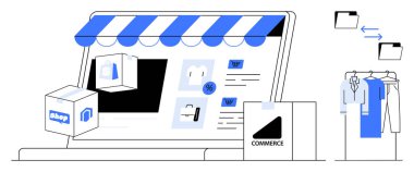 Dükkan, alışveriş poşetleri ve indirim tabelaları da dahil olmak üzere çevrimiçi mağaza arayüzü olan masaüstü. Giysiler yakına asılacak ve dosyalar dosyalanacak. E-ticaret, perakende, çevrimiçi alışveriş, dijital pazarlama, satış için ideal