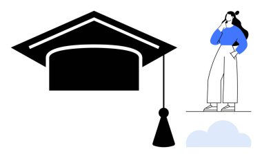 Püsküllü büyük mezuniyet şapkası, derin düşüncelere dalmış, elleri çenesinde bulutun yanında. Eğitim, başarı, gelecek planlama, hedef belirleme, akademik başarı, kariyer için ideal