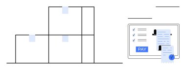 Fatura ögelerini ve Ödeme düğmesini gösteren dijital ekranın yanına düzenli olarak istiflenmiş kutular. E-ticaret, lojistik, envanter, çevrimiçi ödeme, finans teknolojisi, dijital işlemler için ideal