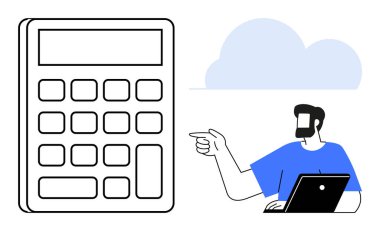Bilgisayarlı bir adam büyük hesap makinesinde, finansal hesaplamalar, bulut hesaplaması, online finansman öneriyor. Finans, teknoloji, bulut hesaplama, muhasebe, çevrimiçi araçlar sektörü için ideal