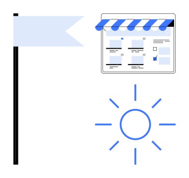 Bayrak, mağaza vitrinli web sitesi ve güneş dijital pazarlama başarısını, e-ticaret büyümesini simgeliyor. Çevrimiçi varlık, dijital pazarlama, e-ticaret, iş büyümesi, marka farkındalığı için ideal
