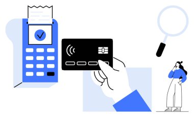 Ödeme terminalinin yanında kredi kartı, fatura çeki, tefekkür eden kadın ve büyüteç. Dijital ödemeler, e-ticaret, güvenlik, satın alma, finans teknolojisi için ideal