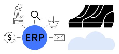 ERP sistemi fabrikaya, e-postaya, alışveriş arabasına, para birimine, büyüteç ikonlarına bağlı. Bacaklar siyahlar içinde yürüyor. Bulut sembolü. İş yazılımı ve bulut hesaplama imalatı için ideal e-ticaret