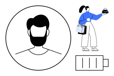 Çemberdeki soyut erkek yüzü, alışveriş torbaları tutan bir kişi ve düşük pil ikonu. Kullanıcı temsili, e-ticaret, alışveriş, tüketici davranışı, enerji seviyeleri, şarj yorgunluğu için ideal
