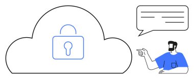 Geniş çizgili bulut. Kullanıcının içinde konuşma balonuyla iletişim kuran ve işaret eden bir asma kilit var. Siber güvenlik, veri koruması, bulut hesaplama, çevrimiçi güvenlik, dijital iletişim, bilişim için ideal