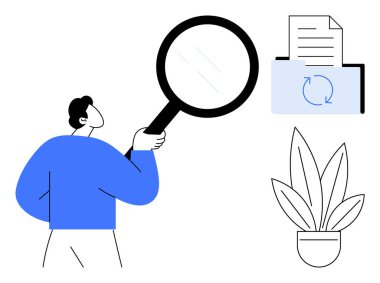 Elinde büyüteç tutan bir adam, taze sembolle belgeyi inceliyor, saksı bitkisinin yanında. Araştırma, inceleme, teftiş, kalite kontrolü, analiz, soruşturma gibi konular için ideal