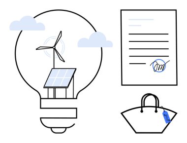 Güneş paneli ve rüzgar türbinli ampul, bulutlar, imzalı kontrat ve etiketli alışveriş çantası. Yenilenebilir enerji, yenilik, sürdürülebilirlik, çevre dostu uygulamalar, temiz enerji yeşili için ideal