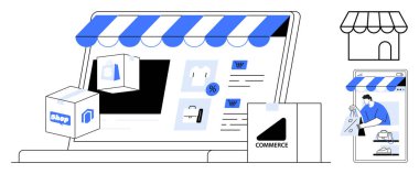 Laptop ve akıllı telefon mağaza elemanları ve paketlerle çevrimiçi alışveriş arayüzleri. E-ticaret, çevrimiçi perakende, dijital pazarlama, iş büyümesi, tüketici davranışı, sanal