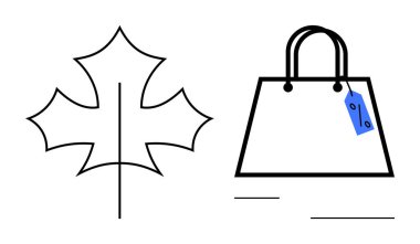 Akçaağaç yaprağı ana hatları mevsimsel değişimi temsil ederken, indirim etiketli alışveriş torbası promosyon satışlarını sembolize ediyor. Sonbahar pazarlama, perakende satış, indirim, çevre dostu alışveriş, mevsimlik satışlar için ideal