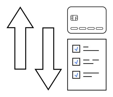 Yukarı ve aşağı oklar, kredi kartı ve işaretli kontrol listesi. Finans, bankacılık, işlemler, ödemeler, tasarruf bütçesi ve finansal planlama için ideal. Satır metaforu