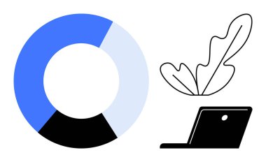 Mavi, açık mavi ve siyah kısımlı dairesel pasta grafiği bir dizüstü bilgisayar simgesinin yanında yaprak ile süslenmiş. Veri analizi, çalışma alanı tasarımı, çevre teknolojisi, üretkenlik ve uzak çalışma için ideal