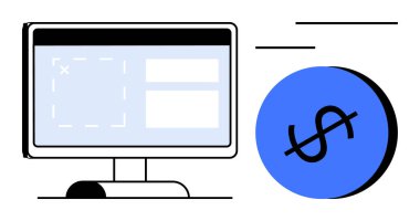 Bilgisayar monitörü bir dolar işareti simgesi ile yazılım arayüzü gösteriyor. Fintech, e-ticaret, çevrimiçi ticaret, dijital pazarlama, web geliştirme, finans ve yatırım kavramları için ideal. Soyut