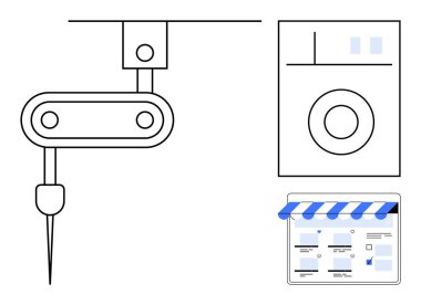 Robotik kol, kontrol paneli yakınında nesnelerle etkileşime giriyor ve mavi çizgili tente altında çevrimiçi vitrin önü var. Otomasyon için ideal, e-ticaret, endüstriyel tasarım, teknoloji entegrasyonu, yenilik