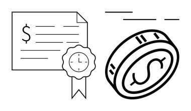 Dolar işaretli ve çizgili mali belge, saat şeritli kurdele ve dolar sembollü uçan para. Finans, yatırım, karlılık, ekonomi, tasarruf, bankacılık ve sigorta için ideal