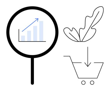Büyüme grafiğinin üzerinde ok, soyut yaprak ve alışveriş arabasıyla büyüteç. Veri analizi, büyüme görselleştirme, çevrimiçi alışveriş, e-ticaret, çevresel etki, iş anlayışı için ideal