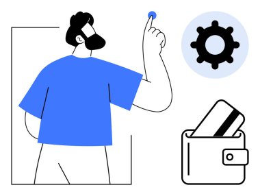 Vites simgesi ve kartlı cüzdan ortaya çıkarken sakallı bir adam sanal düğmeye bakıyor. Finans, teknoloji, dijital arayüz, kullanıcı etkileşimi, uygulama geliştirme, e-ticaret için ideal. Satır metaforu