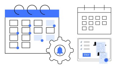 İşaretli tarihli takvimler, dişli bir hatırlatma zili ve Ödeme düğmeli bir kontrol listesi. Zaman yönetimi, programlama, ödeme hatırlatıcıları, otomasyon, üretkenlik, organizasyon için ideal