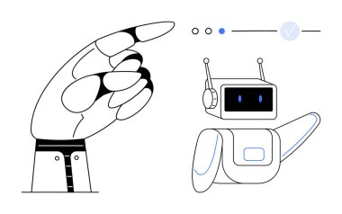 Robot el, kafasında anten ve ekranı olan bir robotu işaret ediyor. Yapay zeka, robot bilimi, teknoloji, yenilik, etkileşim tasarımı, gelecek kavramları, takım çalışması için idealdir. Satır metaforu