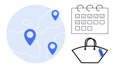 Yer işaretleyicili bir harita, işaretli tarihli bir takvim ve etiketli bir alışveriş çantası. Lojistik, e-ticaret, dağıtım hizmetleri, tedarik zinciri yönetimi, küresel iş, perakende planlaması için ideal