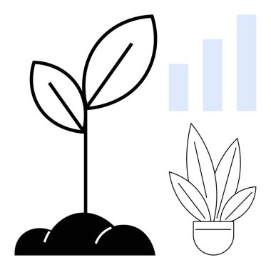 Topraktan yetişen iki yaprak, küçük saksı bitkisi ve yükselen bar tablosu. Büyüme, gelişme, kalkınma, sürdürülebilirlik, doğa ticareti tarımı için idealdir. Soyut satır düzlüğü