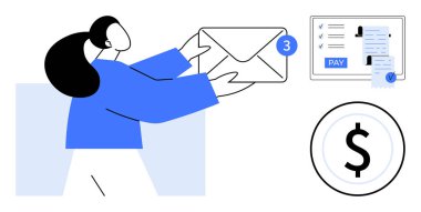 Bildirim simgesi olan bir zarf tutan kişi, çevrimiçi fatura ödemelerini, kontrol işaretlerini ve para birimi sembollerini gösteren bir ekran. Finans, iletişim, bildirim, e-posta hizmetleri için ideal