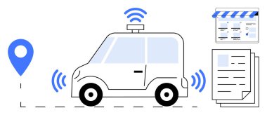 GPS kullanarak kendi kendine giden araba, iş yeri ile etkileşim, veri tabloları. Teknoloji, yenilik, navigasyon, akıllı şehirler, otomasyon, gelecekteki ulaşımlar için internet için ideal