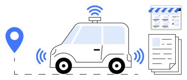 Self-driving car using GPS, interacting with a business location, data sheets. Ideal for technology, innovation, navigation, smart cities, automation, internet of things future transportation clipart