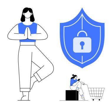 Yoga pozu veren kadın, asma kilit sembollü kalkan ve alışveriş arabalı dijital müşteri. Denge, güvenlik, farkındalık, dijital alışveriş, online güvenlik kişisel refah için idealdir. Mavi siyah