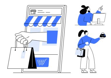 Elinde alışveriş torbaları olan büyük bir akıllı telefon, bilgisayar monitörünü işaret eden müşteri, satın alınmış bir eşyayı tutan kişi. Çevrimiçi alışveriş, e-ticaret, perakende satış, dijital pazarlama ve müşteri için ideal