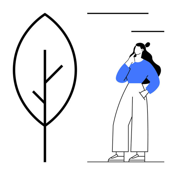 Очертания большого листа и созерцательная женщина в стильной одежде с голубыми акцентами. Идеально подходит для людей с ограниченными возможностями, экологической сознательностью, сдержанностью, простотой, современным образом жизни.