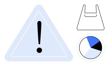Üçgen içinde ünlem, plastik poşet hatları, dilimli pasta grafiği. Uyarı, çevre bilinci, veri analizi, risk iletişimi, sürdürülebilirlik, bilgi grafikleri için ideal