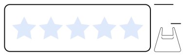 Dikdörtgen kutunun içinde ince siyah çizgili beş açık mavi yıldız. Sağda minimalist simgeler var. Değerlendirmeler, kalite değerlendirmeleri, geri bildirim, çevrimiçi platformlar, müşteri değerlendirmeleri için ideal