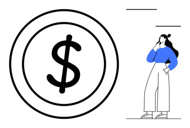 Üzerinde kafa yoran kadın, dolar işareti olan büyük para maddi meselelerin önemini gösteriyor. Finans, yatırım, tasarruf, bütçe, mali planlama, karar verme, soyut çizgi