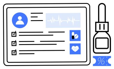 Kullanıcı profili, tıbbi kontrol listesi, kalp atışı grafiği, ilaç ikonları, sağlık göstergeleri ve küçük bir ilaç şişesi olan bir tabletin dijital sağlık kayıtları. Sağlık teknolojisi için ideal, tıbbi