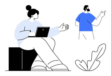 İki minimalist karakter, biri dizüstü bilgisayarla etkileşimde, diğeri ayakta ve işaret ediyor. İletişim, takım çalışması, teknoloji, ofis kültürü için ideal