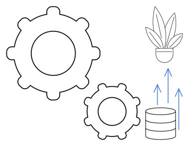 Saksı bitkisinin yanında iki vites ve yukarı doğru oklu veri tabanı. Teknoloji, büyüme, yenilik, ilerleme, gelişme, üretkenlik ve verimlilik kavramları için idealdir. Basit soyut çizgi