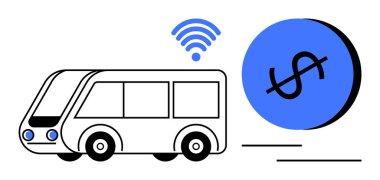 Büyük bir dolar simgesinin yanında kablosuz sinyali olan otobüs. Akıllı ulaşım, kablosuz ödemeler, toplu taşıma, maliyet verimliliği, dijital ekonomi, kentsel planlama, finans teknolojisi için ideal
