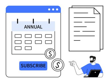 Abone düğmeleri ve dolar simgeleriyle yıllık abonelik takvimi, dizüstü bilgisayarı tutan kişi ve arka planda belgeler. Üyelik hizmetleri, bütçe ve planlama için ideal