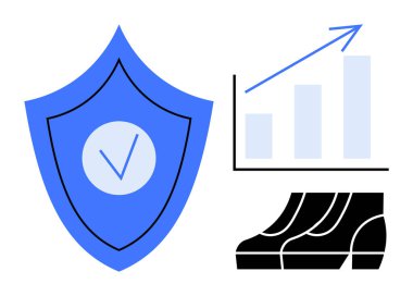 Güvenliği temsil eden işaretli kalkanlar, büyüme eğilimini gösteren çıta grafiği ve iş gücü verimliliğini sembolize eden botlar. Ticari başarı, güvenlik, ilerleme, strateji için ideal