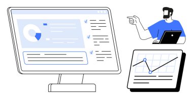 Bir dizüstü bilgisayardaki veri görselleştirmelerine ve geniş ekrana işaret eden bir iş adamı. Gösterilen grafikler, veri analizleri, proje yönetimi ve stratejik planlama. Sunumlar için ideal