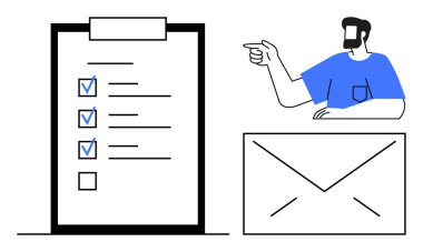 İşaretli görevleri olan bir kontrol listesi panosunu işaret eden adam, altında büyük bir zarf var. Üretim, organizasyon, görev yönetimi, iletişim, iş stratejisi, iş akışı optimizasyonu için ideal